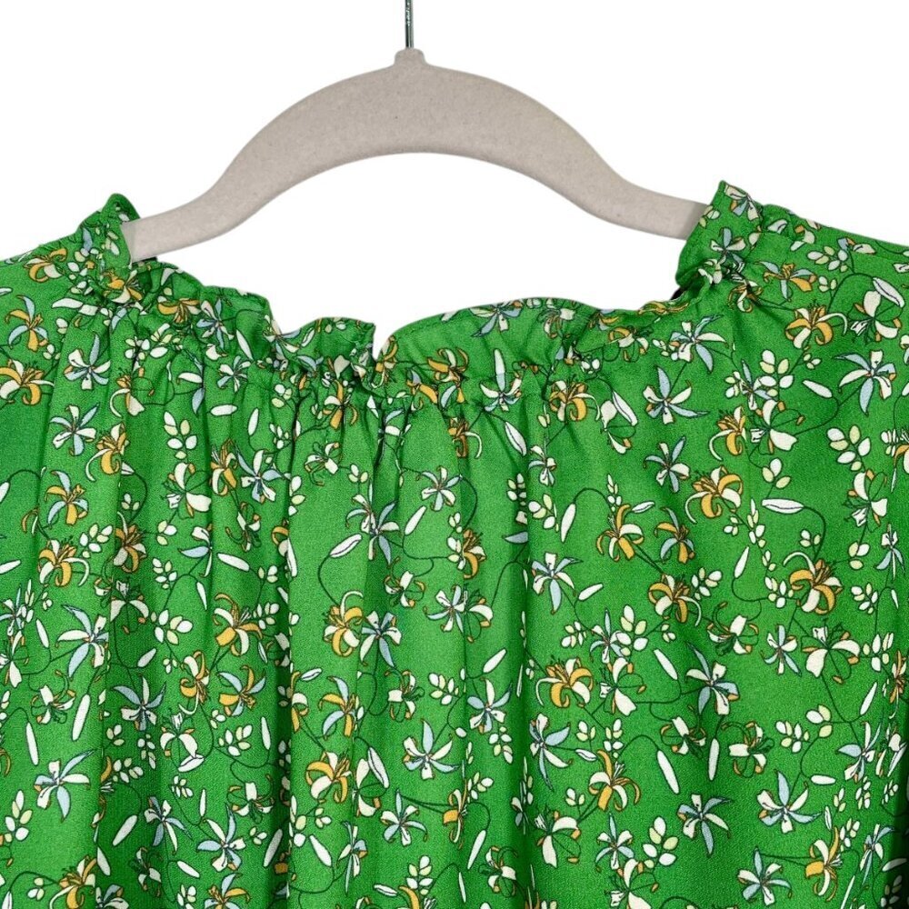 Max Studio Green Floral Peasant Blouse Ruffle Sleeve Tassel Tie Boho Top 1X - Picture 9 of 14